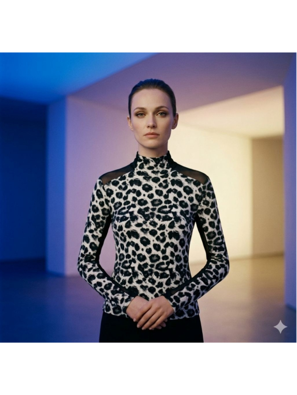 ANATOMIE Long Sleeve‎ Top Black White Leopard Print Mesh Inserts S